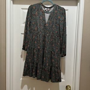 Gilli Women’s Small Green Floral V-neck Tiered Stretchy Babydoll Dress